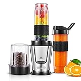 HOUSNAT Standmixer Smoothie Maker To Go 500W, mit Elektrische Kaffeemühle 280ml, Blender Elektrisch mit 2 Tritan-Kunststoff Sport Flasche 570ml,Tragbar, BPA-frei, Spülmaschinenfest, Edelstahl