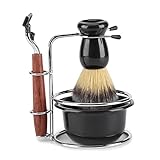 Hapivida 4Pcs Rasierset Manuelle Rasierer Edelstahl Halterung, Rasierpinsel & Schüssel Set mit Holzgriff, Dachsborstenpinsel für Männer (DE)