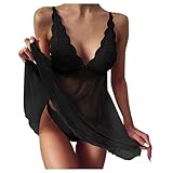 Dessous für Frauen Sexy freche Hosenträger Spitzenbesatz Nachthemd mit Tangas durchsichtig Babydoll Nachtwäsche Chemise Damen exotische Dessous Sets, Black, 38