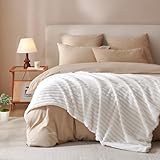 Covebett Plüsch Kuscheldecke Flauschig Decke 220x240 Fleecedecke Creme Weiß Einfarbig Gestreift Weich Warme Cashmere Touch Kaninchen Kunstfell Tagesdecke Sofadecke Wohndecke für Couch Bett Sofa