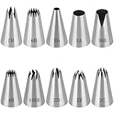 Bomtop 10er Set Profi Spritztüllen Große, Wiederverwendbar Tüllen für Spritzbeutel, Spritztüllen Set Groß, 10 Edelstahl Tüllen Set für Kuchen, Torten, Keksen-Dekoration