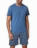 Litherday Schlafanzug Herren Kurz Pyjama Baumwolle Kurzarm Zweiteiliger Pyjama Set Nachtwäsche Kurzarm Oberteil und Karierte Schlafanzughose Hausanzug Sleepwear Weich und Hautfreundlich