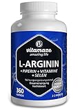 L-Arginin Kapseln hochdosiert, 360 Kapseln mit VITAL-Formel B6, B12, Folsäure, Selen und Piperin für 3 Monate, Pre Workout Nahrungsergänzung ohne unnötige Zusätze, Made in Germany