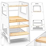 KIDUKU® Lernturm aus Holz ab 1 Jahr mit 4 Stück Antirutsch Pads | Montessori Kinder-Schemel für Kinder | Lerntower für höchste Sicherheit | Learning Tower für Mädchen & Jungen (Weiß/Naturell)