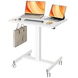 Claiks Stehpult Höhenverstellbar Schreibtisch Klein,Mobiler Laptoptisch Höhenverstellbar mit 4 Rollen,Steh-Sitz Schreibtisch Computertisch 65×48cm,Weiß