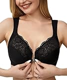 Lemorosy Damen Vollschalen Ungepolster Bügel BH Vorne Vershcluss T-Shirt BH Komfort Große Größen U-Rücken Rosenspitze(Schwarz,95C)