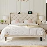Einhomn Queen-Size-Bettgestell mit Flügelknopf, getuftetes Kopfteil und AC-Anschlüssen, gepolstertes Plattformbett, Holzlattenstütze, kein Boxspringbett erforderlich, geräuschfrei, Beige