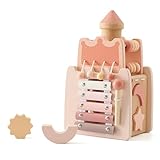 WOODEN TEETHER Montessori Motorikwürfel holzspielzeug Montessori Spielzeug ab 1 Jahr 5 in 1（Rosa Schloss）