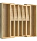 WELL WENG Erweiterbarer Besteckhalter, Schubladenorganizer für Küchenutensilien und Besteckteiler für Löffel, Gabeln und Messer (12 Fächer, Naturbambus), 42,5x32,8x5 cm
