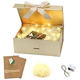 Idota Geschenkbox mit Deckel Magnetisch, 22 x 16.5 x 8.8cm Gold Geschenk Box Schleife Geschenkkarton Geburtstag mit Raffia, Grußkarten, Licht, Geschenkverpackung für Hochzeit Geburtstag
