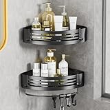 Duschregal Ohne Bohren Badezimmer Regal für Aufbewahrung Shampoo und Duschgel, Schwarz Duschablage Ecke Badregal Duschkorb Mit 8 Haken für Bad Küche Toilette 2 Stück