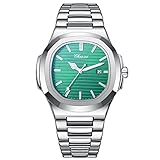 JewelryWe Uhren Herren Analog Quarz Armbanduhr Luxus Mode Rechteckig Datum Kalender 30m Wasserdicht Edelstahl Armband Geschäfts Beiläufige Uhr mit Leuchtend Zeiger und Uhrenwerkzeug Grün