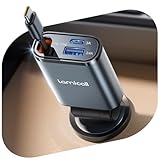 Lamicall 3 IN 1 Zigarettenanzünder USB C Auto Ladegerät -【2026 Super Kompakt】50W USB Adapter Auto Schnellladegerät mit einziehbare Typ-C Kabel/USB C/USB A, 24/12V KFZ Ladegerät Auto für iPhone/Samsung