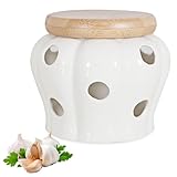 PRITOK Knoblauch Aufbewahrung mit Deckel: Ø 13 cm Knoblauch Aufbewahrung Keramik mit Abnehmbarer Bambusdeckel, Seitliche Luftlöcher, Aufbewahrung von Knoblauch, Küchentheke Dekor (Weiß)