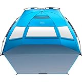 OutdoorMaster Strandmuschel Pop Up, 3-4 Personen Strandzelt mit UPF 50+ UV Schutz, einfacher Aufbau in 60 Sekunden, wetterfestes Campingzelt mit abnehmbarem Dachfenster (Blau)