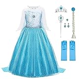 URAQT Mädchen Prinzessin Kostüm, Kinder Kleid 6-teiliges Set mit Krone Diadem Handschuhe Zauberstab usw für Weihnachten Verkleidung Karneval Halloween,130CM