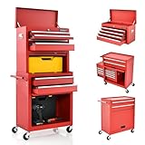 COSTWAY 2 in 1 Werkstattwagen inkl. Koffer & 9 Fächer & Haken, Werkzeugwagen Abschließbar auf Rädern ohne Werkzeug, Profi Werkstatt-Wagen Metall, 61,5 x 33 x 132 cm (Rot)