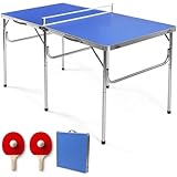 PRMTYUP Klappbarer Tisch, Tragbarer Freizeittisch, Tischtennisplatte Mit Netz, Tischtennisplatte Mit 2 Bällen & 2 Schlägern, Für Den Innen- Und Außenbereich,Blau