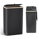 100L Wäschekorb mit Deckel, Stilvoller Wäschekorb für Bad & Schlafzimmer, Schwarze Wäschetruhe mit Bambusrahmen