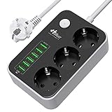 Mehrfachsteckdose HULKER Steckdosenadapter 3 fach/Steckdosen 6 USB -Anschlüsse, Steckdosenleiste mit überspannungsschutz , 1.6 m Verlängerungskabel Universalsteckdose