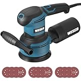 Exzenterschleifer, WESCO 400W Exzenterschleifmaschine 12000 RPM mit 12 Stück Schleifpapier, 6 variable Geschwindigkeiten, 125mm Durchmesser mit Staubsammelung System, für Schleifen/Polieren/Heimwerker