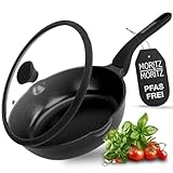 Moritz & Moritz 26cm Multipfanne mit Deckel Schwarz - Pfanne mit Antihaftbeschichtung & Soft-Touch-Griff - Ideal zum Braten, Schmoren und Dämpfen - 26 cm Durchmesser - Für alle Herdarten geeignet