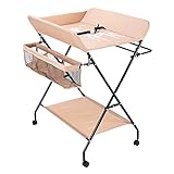 HarBin-Star - Wickeltisch Badewanne, Klappbare Wickelstation, Mobil Wickelkommode, Baby Wickeltisch mit Sicherheitsgurt und Aufbewahrungsfächern, Wickelstation (mit Rollen, Khaki)