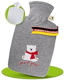 Hugo Frosch Wärmflasche Klassik 1,8l – Made in Germany – mit weichem Fleecebezug Eisbär 'feel good' Grau – große, auslaufsichere & geruchsneutrale Bettflasche – mit waschbarem Bezug