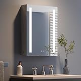 Dripex Spiegelschrank Bad mit Beleuchtung, LED Badezimmerschrank mit Spiegel, 3 Lichtfarbe Einstellbar, Dimmbar, Steckdose und Glasablage, Rechtstürig, Beschlagfrei 45 x 60 cm Grau Verbesserte Version