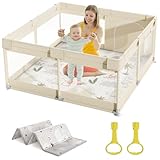 Mloong Laufstall Baby mit Matratze, 120x120 Kleines Laufgitter Baby mit Matte, Laufstall für Apartment, Laufgitter mit Atmungsaktivem Netz an Vier Seiten und Saugnäpfen