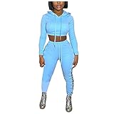 Damen-Trainingsanzug-Sets tragen sexy Weihnachten 2025, Herbst und Winter, 2 Stück, lässig, modisch, sexy Schnürung, mit Kapuze, langärmelig, Bluse und Hose, 2er-Set, Damen-Sweatshirt, hellblau, S