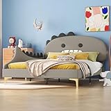 BLUON HOME Kinderbett，Polsterbett，Jugendbett,140 * 200cm Kinderbett, Cartoon Dinosaurier Form, Flachbett, PU Material, Grau