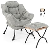 GIANTEX Sessel, Ohrensessel mit Hocker, Relaxsessel mit Armlehnen & Seitentasche, Fernsehsessel für Wohnzimmer, Schlafzimmer & Balkon, Loungesessel bis 136 kg Belastbar