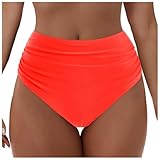 Bikinihose Damen High Waist Bikini Hose Kontrolle Ruched Bikinihosen Volltonfarbe Retro Badehose Bikinis Höschen Hoher Taille Strandshorts mit Gerüschter (S)