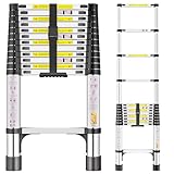 SIMPDIY 3,8m Teleskopleiter, Edelstahl Hochfest Verstärkt Leiter Ausziehbar, Tragbare Ausziehbare Leiter Mit Rutschfesten Füßen, Für Dach, Dachboden, Wohnmobil, Tragkraft 150 kg