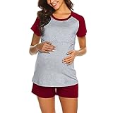 Damen-Pyjama, Hose, Ärmel, T-Shirt, Oberteile, Stillshirt, Nachtwäsche, Umstandspyjama, kurz und Hose, Schwangerschaftsschlaf, Flanell-Pyjama, Rot, Größe M