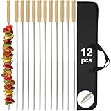 SHIKORI Professionelle Kabob-Spieße, 61 cm, robust, groß, breit, wiederverwendbar, Grillspieße, Edelstahlstäbe mit rutschfestem Holz (V-Form, 12 Stück)
