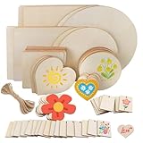 CYUaoao 73 Stück Unbehandeltes Holzplatte zum Basteln, Brandmalerei Holz mit Hanfseil, Herz, Rund und Quadratisch Holzscheiben Rohlinge für DIY Ornamente,Brandmalerei, Malerei, Schreiben