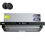 CIARRA CBCB6909A A+ Dunstabzugshaube 60 cm 600 m³/h Flachschirmhaube mit CBCF055 Aktivkohlefilter Touch-Bedienung Integrierte Flach Abluft Umluft Abzugshaube 3 Leistungsstufen für Küchen Schwarz
