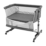 Baby Beistellbett mit Rollen und Schaukelfunktion | Höhenverstellbarer Stubenwagen für 0-24 Monate | Kinderbett mit Federungssystem, Neigungsfunktion & Luft-Mesh-Seitenwänden | Grau 90x58x43-53 cm