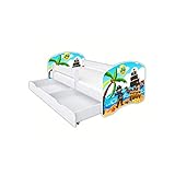 Clamaro 'Schlummerland' Kinderbett 70x140 (bis 150kg belastbar) mit Motiv, Rausfallschutz, Kantenschutz, Matratze, Lattenrost und Bettkasten auf Rollen | Jugendbett Weiß | Motiv: 50 Piratenschatz