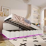 Daybett, Tagesbett, Schlafsofa, Bett mit Lattenrost (ohne Matratze), mit LED-Lichtleiste, mit hydraulischem Hebemechanismus, USB-Anschluss, Typ-C, Komfortmaterial, Vliesimitat (Weiß, 140*200cm)