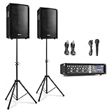 Vonyx VX210 Karaoke Anlage mit Lautsprecher – 800W Soundsystem mit 2X 10 Lautsprechern, 4-Kanal-Mixer mit integriertem Verstärker, Mikrofonanschlüssen & 2X Stativ – Karaoke-Set für Zuhause & Events