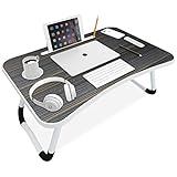 Blisswood Laptop-Betttisch, faltbarer Schoß-Schreibtisch für Bett und Sofa, Frühstücksbett-Tablett, tragbarer Knietisch, Laptop-Schreibtisch mit Griff und Getränkehalter, Arbeiten, Grau 60x40x28 cm