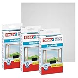 tesa Insect Stop Standard Fliegengitter für Fenster im 3er Pack - Insektenschutz zuschneidbar - Mückenschutz ohne Bohren - 3 x Fliegen Netz anthrazit - 110 cm x 130 cm
