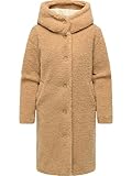 Ragwear Damen Teddy-Fleecejacke langer Wintermantel Plüschmantel mit Knopfleiste und Kapuze Joonie YOUMODO Camel Gr. L