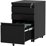 YITAHOME Mobiler Aktenschrank, Abschließbar Rollcontainer mit 3 Schubladen für A4, Legal, Letter, Metall Büroschrank mit Rollen für Home-Office, 46 x 39 x 62cm, Schwarz
