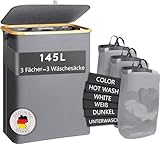Luxus-Home Wäschekorb mit Deckel, 3 Fächer, grau, 145L Wäschesack Wäschesortierer Wäschesammler Wäschebox Wäschetonne Wäschetruhe Laundry baskets Waschekorbsammler