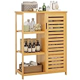 VIAGDO Badezimmerschrank Bambus mit 3 offenen Ablagen, Badschrank mit Tür Badezimmer-Aufbewahrungsschränke Küchenschrank für Flur, Wohnzimmer, Küche, Arbeitszimmer, 66 x 33 x 87 cm