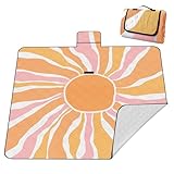 Picknickdecke XXL 200x200 cm – extra groß, wasserdicht & waschbar, isoliert mit Alubeschichtung, orange Sunburst Design, faltbar mit Tragetasche – für Strand, Park & Garten